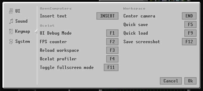 Illustration of Ocelot Desktop key bindings configuration